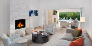 Отделка фасада камина из каменной 3D панели RKS SLATE Кварцит White Quartz Classic фото готового камина (2)